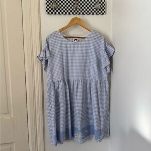 Blue Gingham Dress with Floral Hem